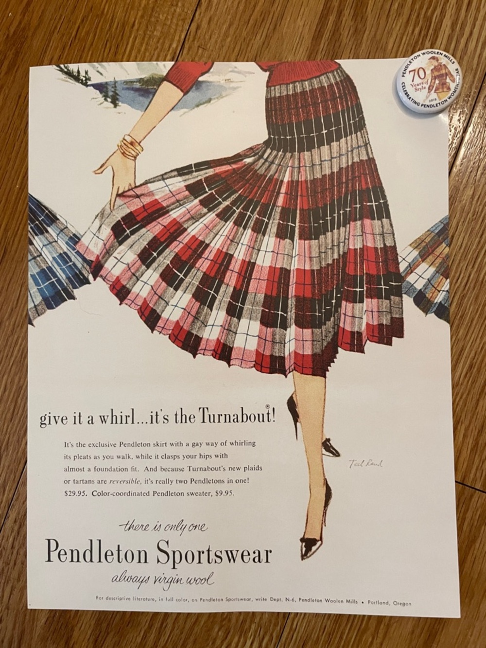 Pendleton Red, Black & Cream Plaid Circle Skirt Print, Pins, & Ribbon